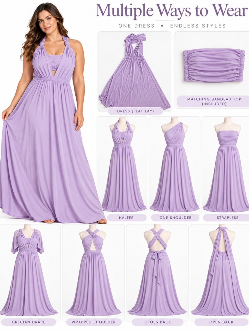 Convertible Lavender Women’s Maxi Dress - Versatile Styles